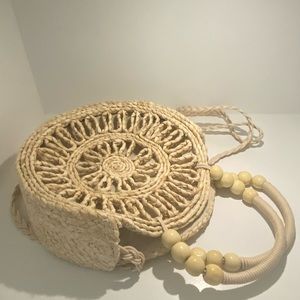Sun n Sand straw boho round handbag with beaded handle with long braided strap